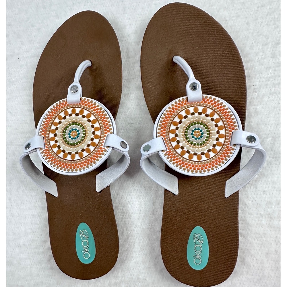 Oka-B Flip Flop Sandals Womens Sz 11 Brown White Medallion Boho Vegan Bio-Based